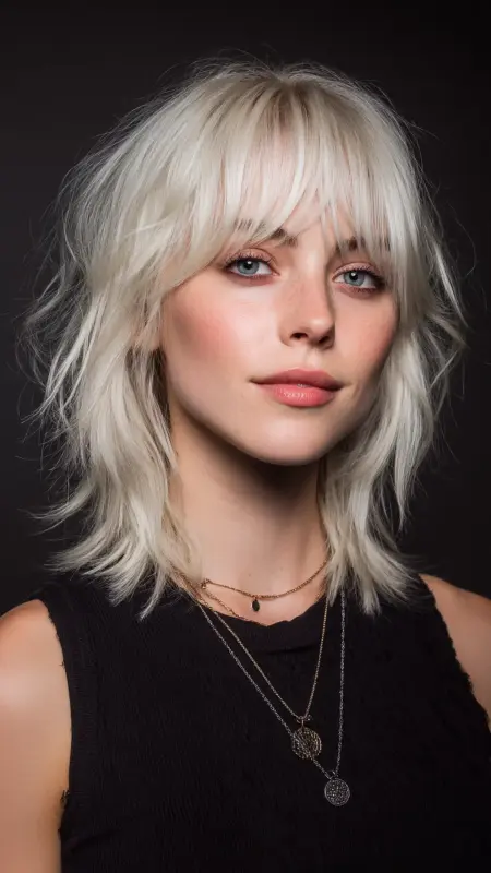 Midi Shag with Micro Bangs - Medium length haircut for round faces