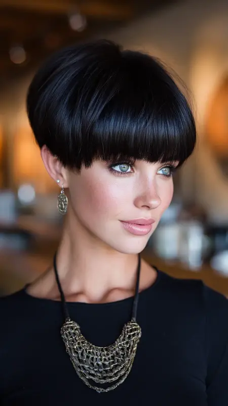Enchanting Ebony Mushroom Cut with Stylish Bangs - Mushroom Haircut