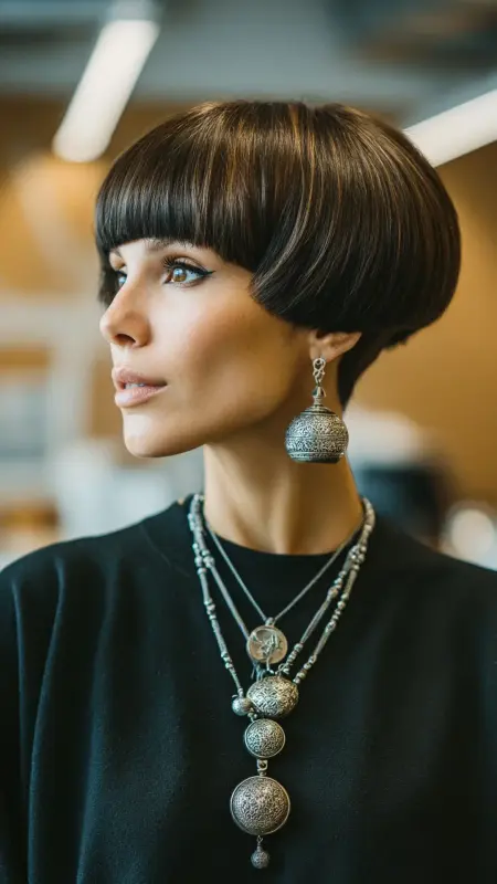 The Bold and Chic: Effortless Mushroom Cut in Rich Chocolate - Mushroom Haircut