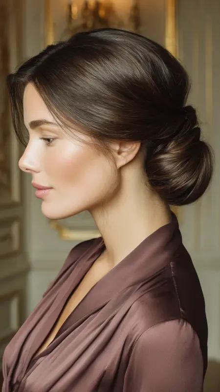 Muted Chestnut - Sculpted Chignon With Side Part - Old money hair color