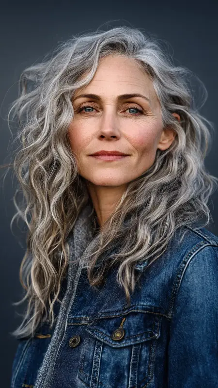 Natural Air-Dried Waves with Silver Glow - Shoulder Length Hairstyles For Women Over 60