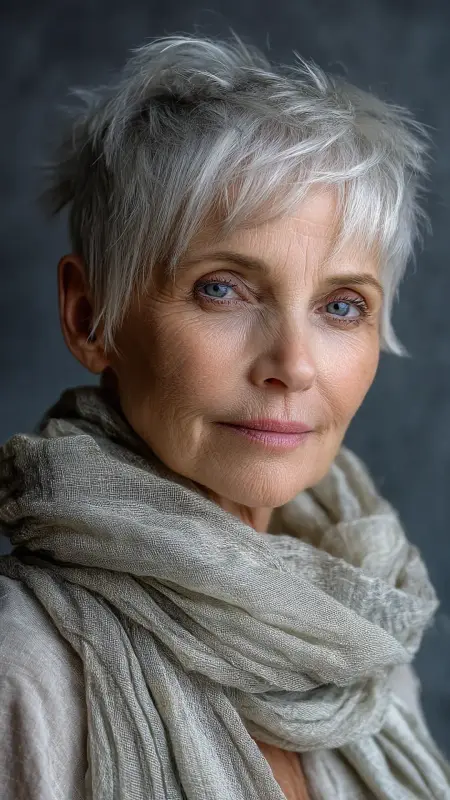 Natural Silver Textured Pixie -  Pixie Cut Hairstyles For Older Women 