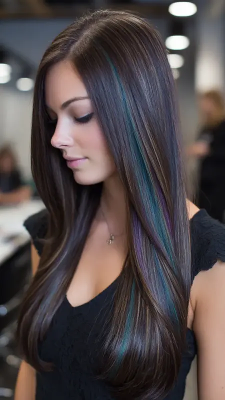 Oil Slick Balayage on Straight Hair -  Hair color for college students 