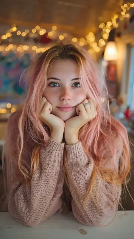 Peachy Pink Ends on Natural Brown Base -  Hair color for college students 