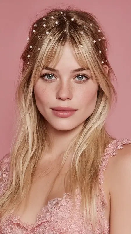 Pearl-Studded Hair - long straight hair with curtain bangs