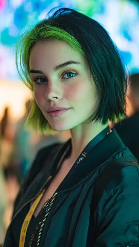 Peekaboo Neon Green Under Dark Bob -  Hair color for college students 