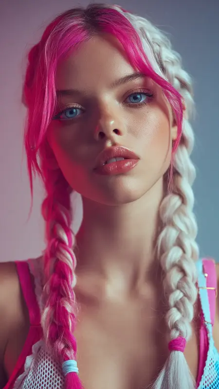 Pigtail Braids - Neon Pink Arctic White -  Two hair colors split 