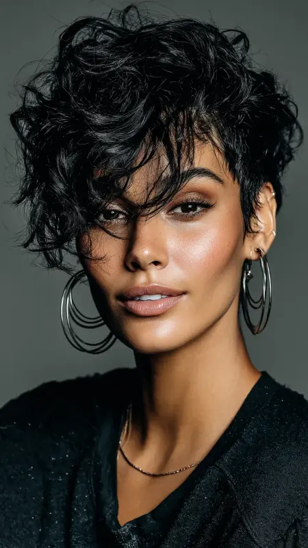 Pixie with Zig-Zag Part and Defined Curls -  Short pixie haircuts for curly hair 