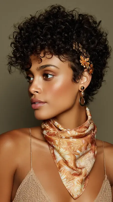 Playful Curly Pixie with Hair Accessories -  Short pixie haircuts for curly hair 