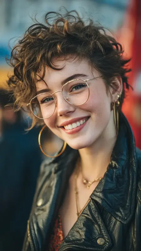 Playful Pixie Curls - short curly hair with glasses