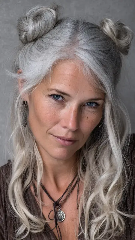 Playful Silver Space Buns - gray hair styles for women over 50