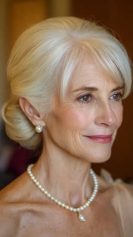 Polished Chignon with Face-Framing Bangs -  hairstyles for women over 70 with bangs 