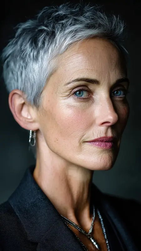 Polished Gray Pixie -  Pixie Cut Hairstyles For Older Women 