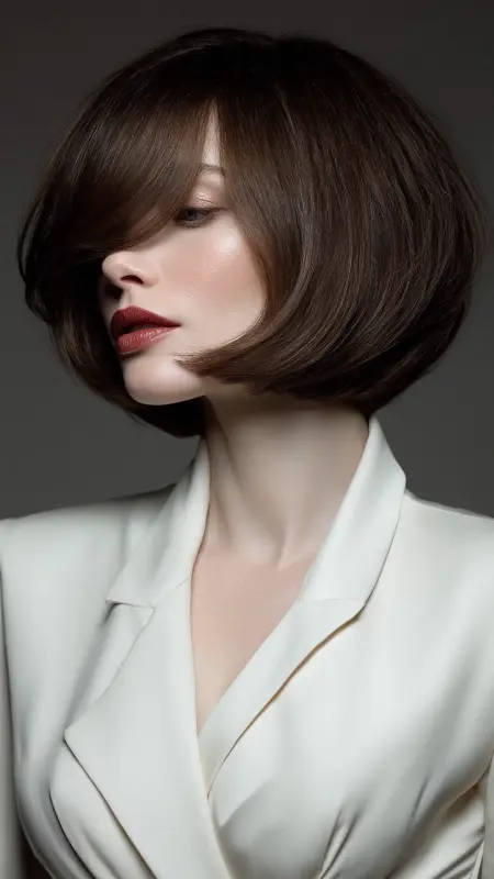 Polished Stacked Bob with Side-Swept Bangs - Stacked Bob Haircut For Fine Hair