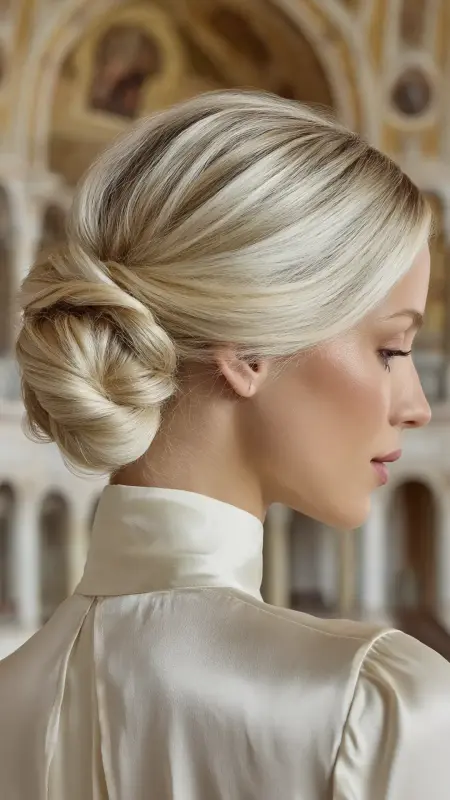 Porcelain Ash Blonde - Regal Twist Bun - Old money hair color