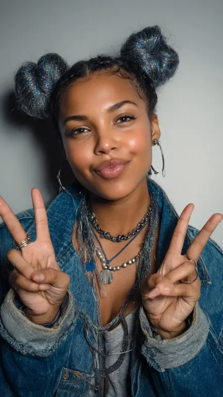 Galactic Twinkle: Double Buns with Dazzling Prism Locks - Prism Hair