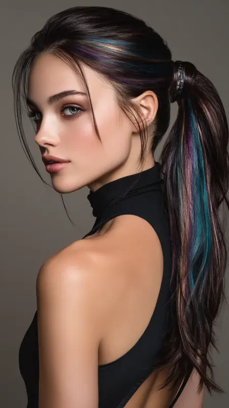 Enchanting Espresso Ponytail with Magical Prism Highlights - Prism Hair
