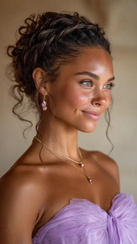 Spirals of Elegance: The Enchanting Curly Updo with Dark Highlights - Prom Hairstyles for Strapless Dresses