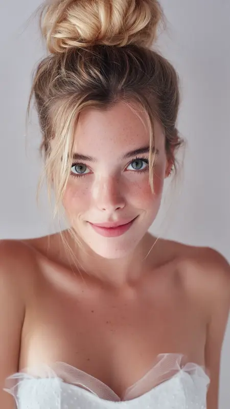 Radiant Blonde Elegance: The Textured High Bun - Prom Hairstyles for Strapless Dresses