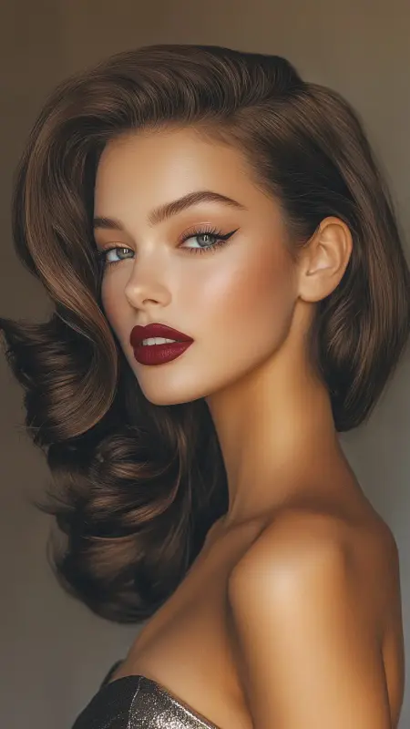 Glamorous Cascades of Chestnut Waves - Prom Hairstyles for Strapless Dresses