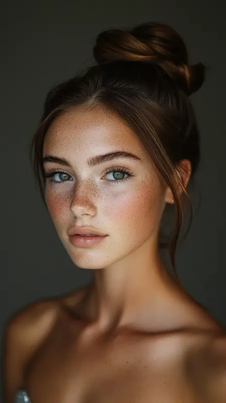 Enchanting Chestnut Chignon with Wispy Accents - Prom Hairstyles for Strapless Dresses