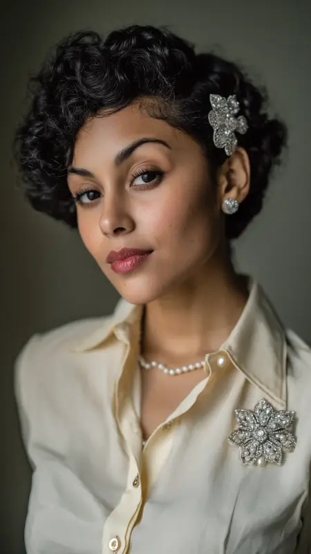 Retro Curly Pixie with Side Part - Short curly pixie haircuts