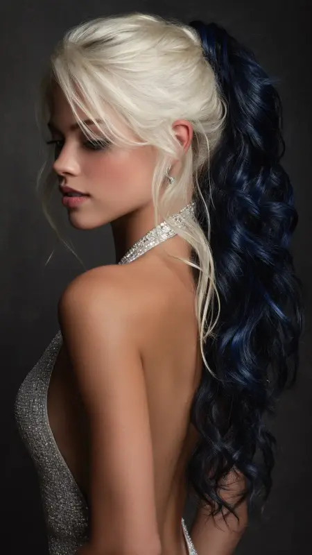 Retro High Pony - Icy Blonde Midnight Blue -  Two hair colors split 