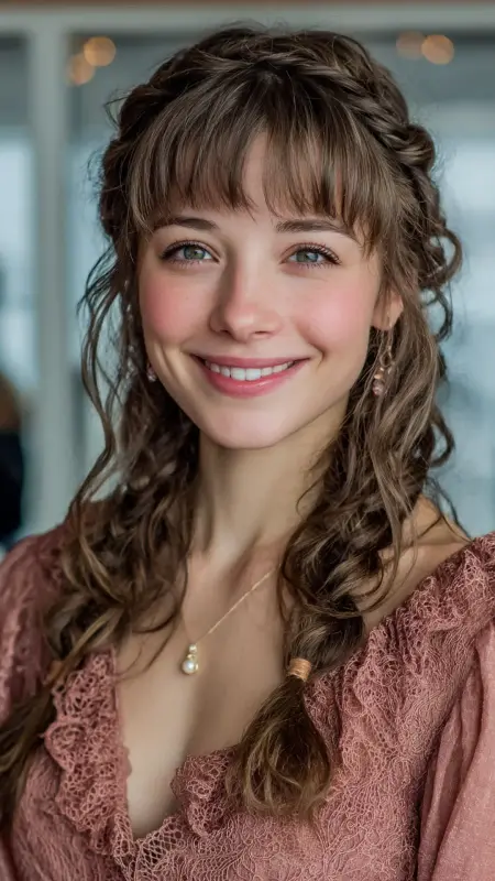 Romantic Braided Crown with Curtain Bangs - long curtain bangs round face
