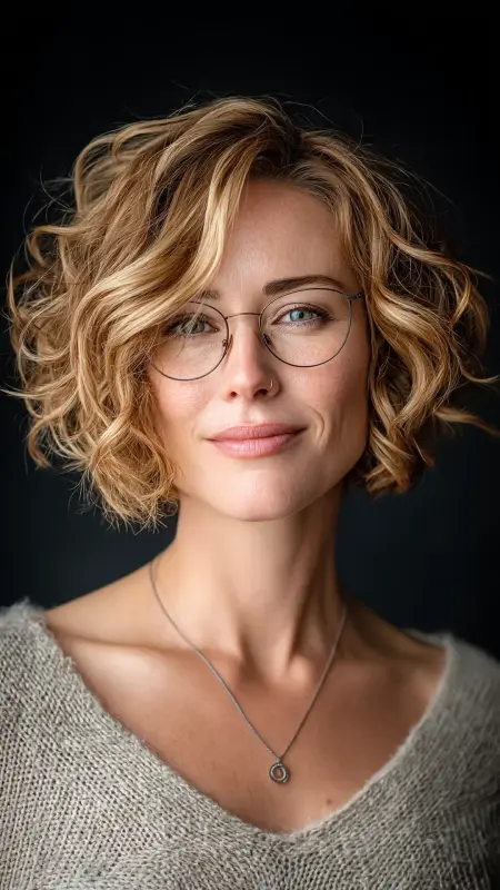 Romantic Curly Bob with Side Part - short curly hair with glasses