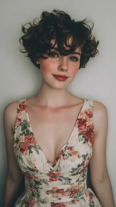 Romantic Curly Pixie with Side-Swept Bangs -  Short pixie haircuts for curly hair 