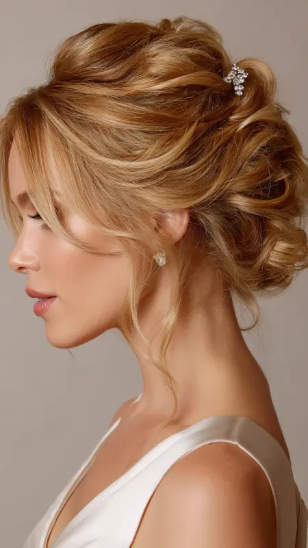 Romantic Updo with Face-Framing Curtain Bangs - Face framing curtain bangs