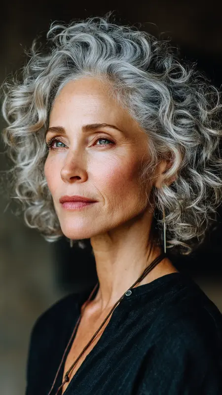 Salt-and-Pepper Layered Curl Bob - Short Curly Haircuts For Women Over 50