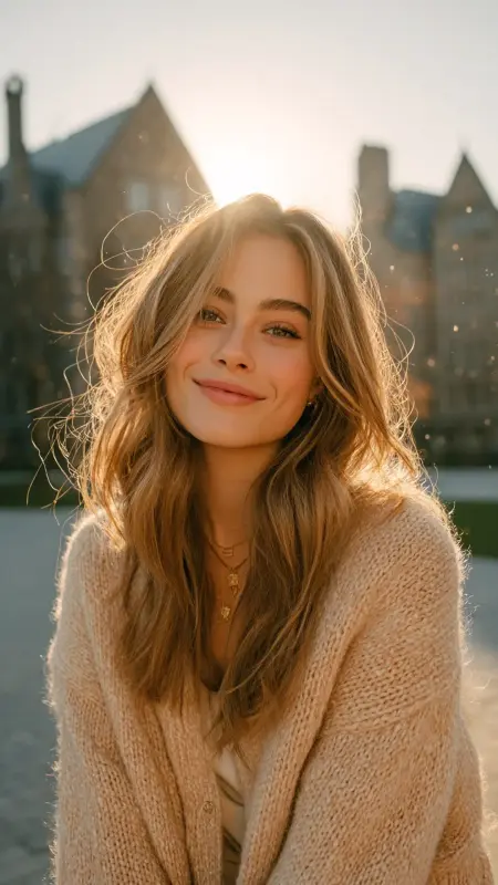 Sandy Beige Highlights on Long Layers -  Hair color for college students 