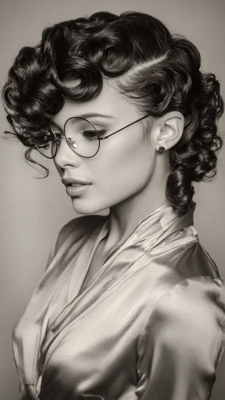 Sculpted Finger Waves on Curls - short curly hair with glasses