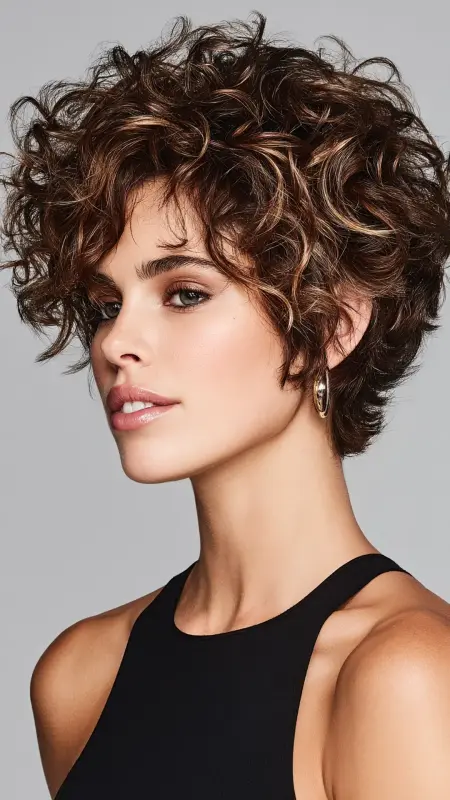 Sculpted Pixie with Crown Highlights -  Short pixie haircuts for curly hair 
