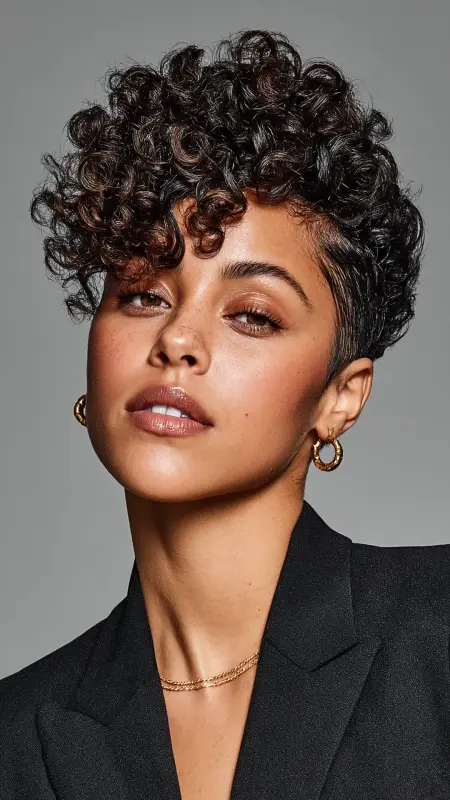 Sculpted Pixie with Defined Side Part -  Short pixie haircuts for curly hair 