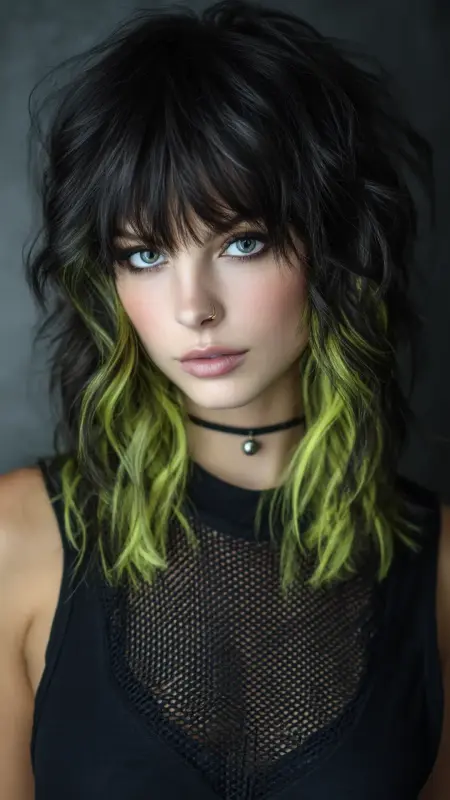 Shag Cut with Bangs - Black Neon Green -  Two hair colors split 