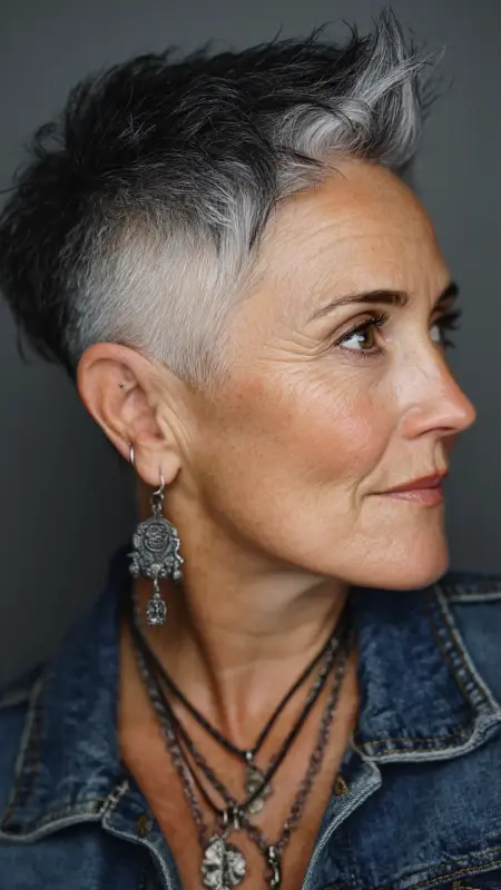 Shaved Undercut Pixie with Bold Top - Undercut pixie haircut for older women
