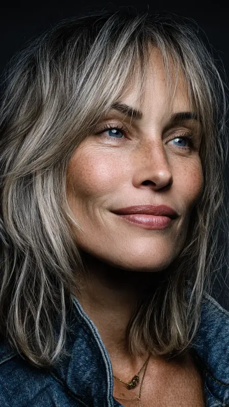 Shoulder-Length Cut with Curtain Bangs -  medium length hair for women over 50 