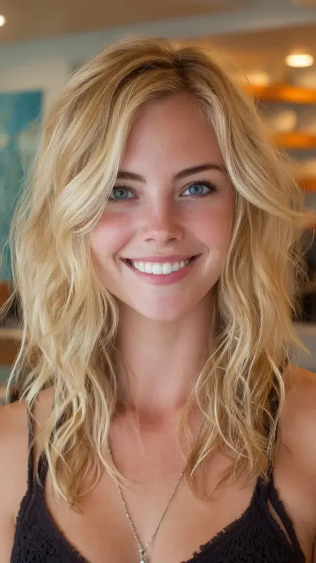 Shoulder-Length Cut with Layered Waves - Shoulder length haircut for round faces