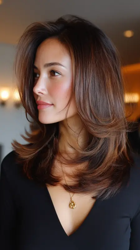 Shoulder-Length Cut with Long Layers and Side Part - Shoulder length haircut for round faces