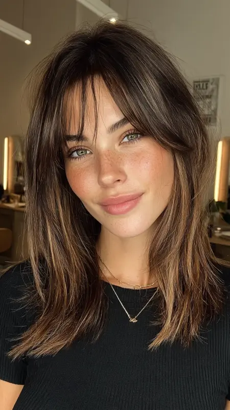 Shoulder-Length Lob with Swoopy Bangs - Shoulder length haircut for round faces
