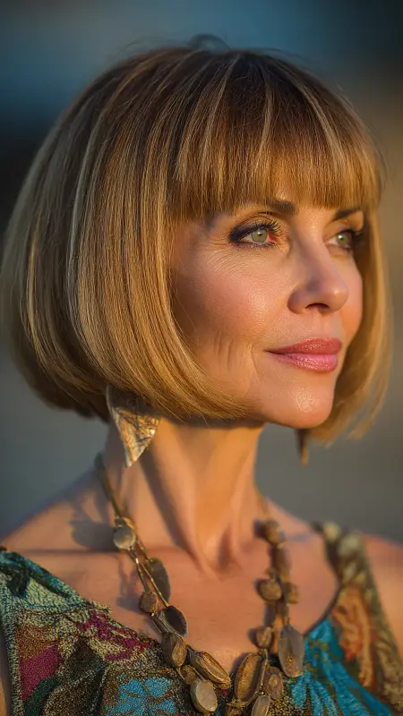 Shoulder-Length Straight Cut with Blunt Bangs -  medium length hair for women over 50 