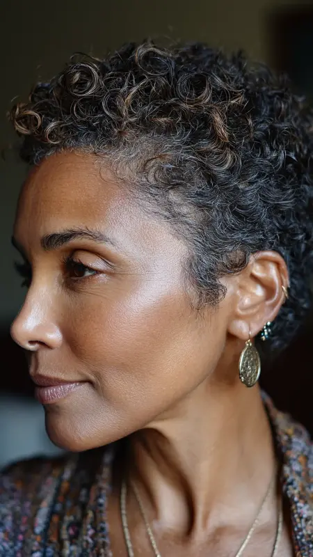 Side-Parted Curly Crop with Natural Edges - Short Curly Haircuts For Women Over 50