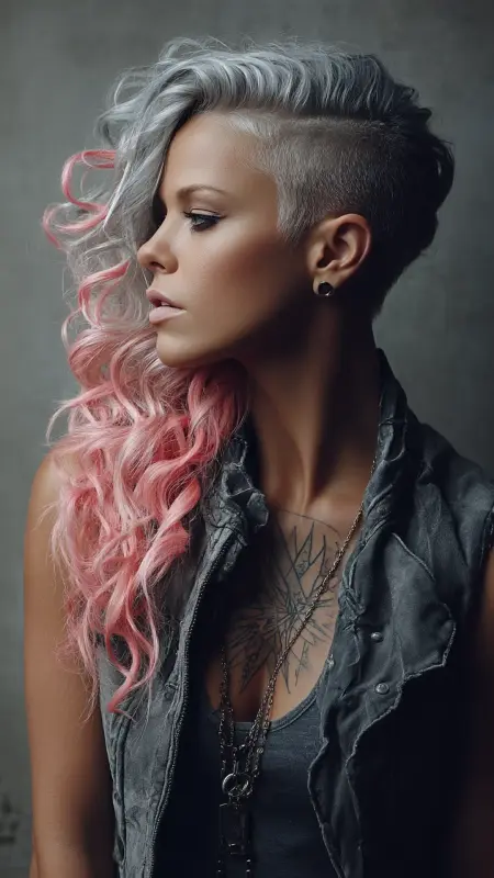 Side Shaved Fade - Slate Grey  Pastel Pink -  Two hair colors split 