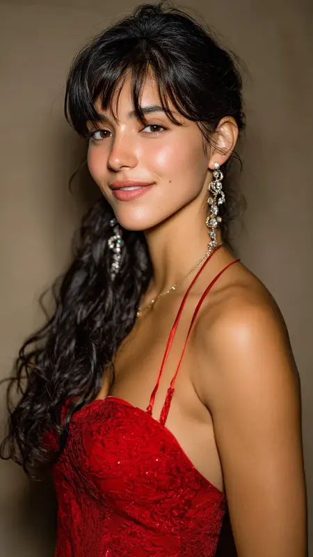 Side-Swept Curtain Bangs with Loose Curls - long curtain bangs round face