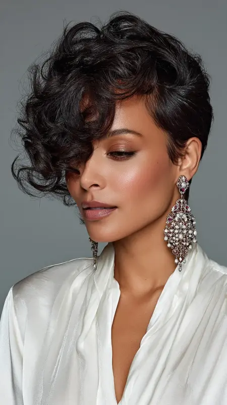 Side-Swept Pixie with Spiral Curls -  Short pixie haircuts for curly hair 