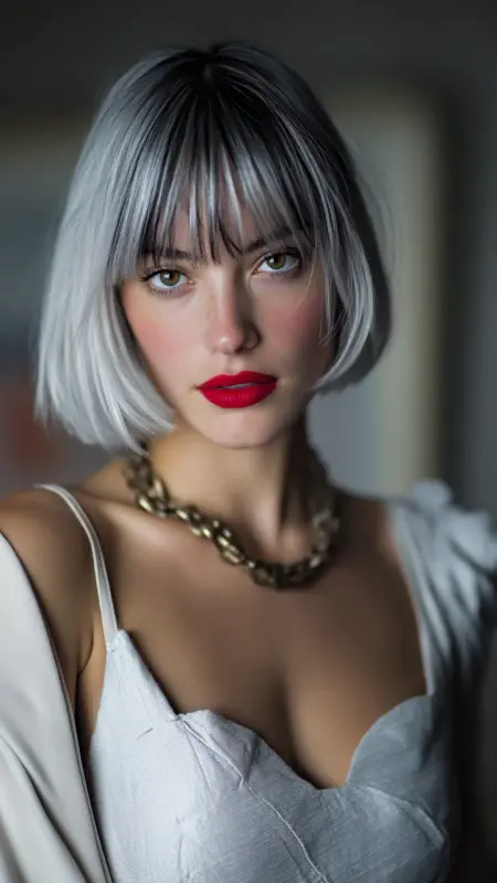 Silver Accent Bob with Blunt Bangs - Silver highlights