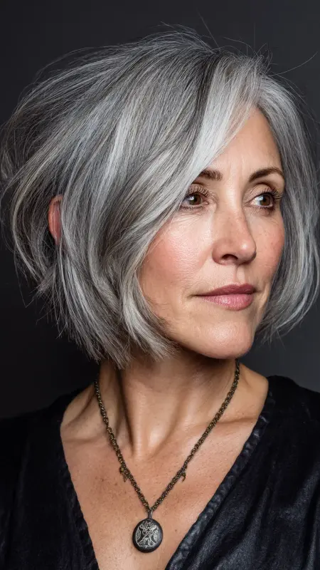 Silver Asymmetrical Bob - gray hair styles for women over 50