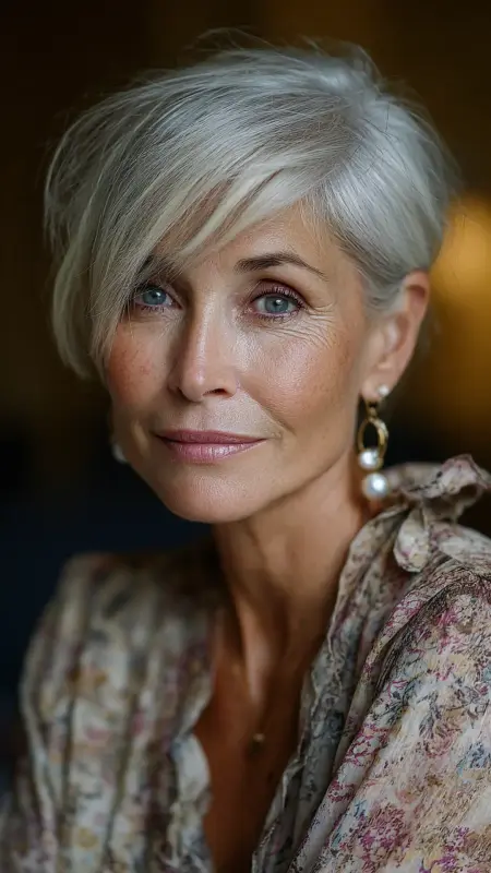 Silver Blonde Crop with Side-Swept Bangs - hair color ideas for women over 70